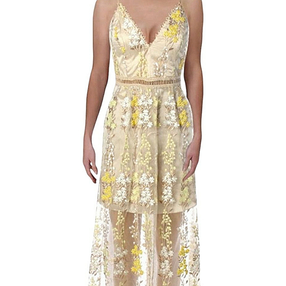 NWOT Aqua Bloomingdales Floral Embroidered Gold & Yellow Maxi Dress Size SM